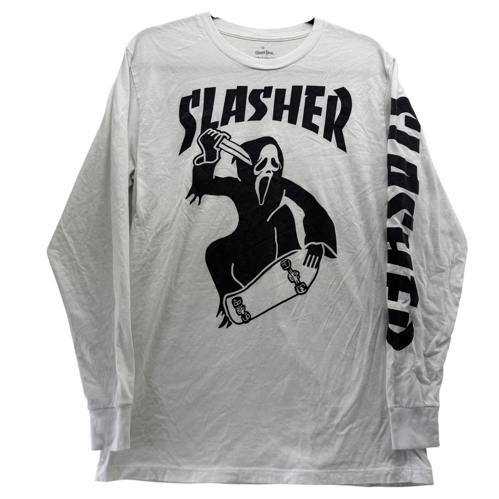 Ghost Face Slasher Skateboard Graphic T-Shirt Men's M Long Sleeve Halloween